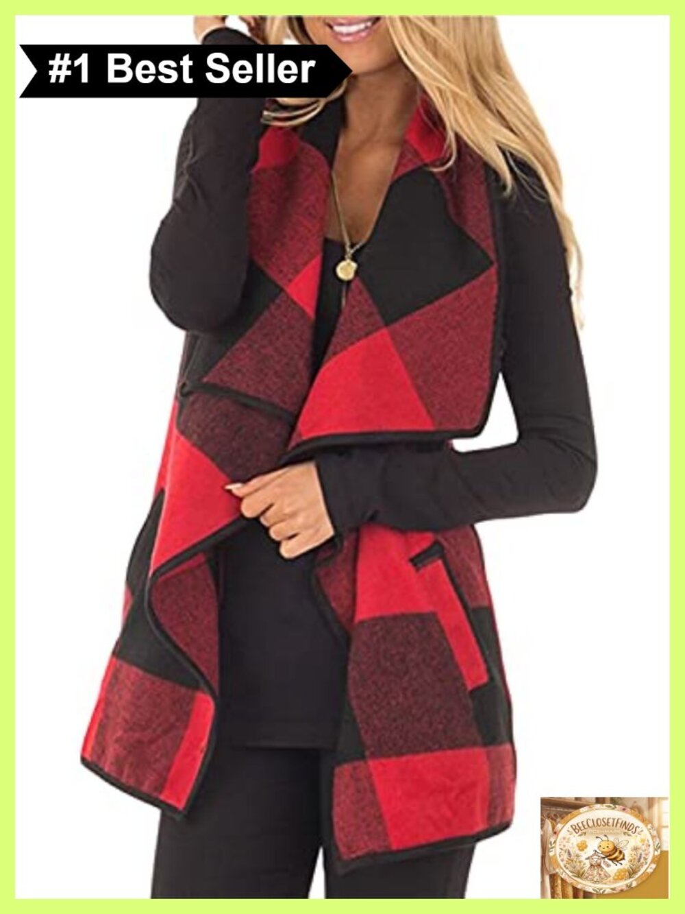 Plaid Open Front Sleeveless Cardigan Vest Asymmetric Hem with Pockets